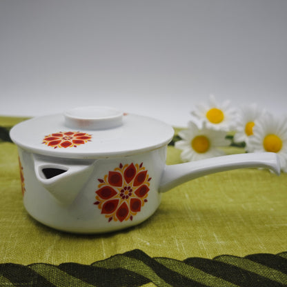 Vintage sauce boat ceramic white with flower motif red yellow Mid Century 17 cm serving pot with lid Retro Pottery 60s 70s