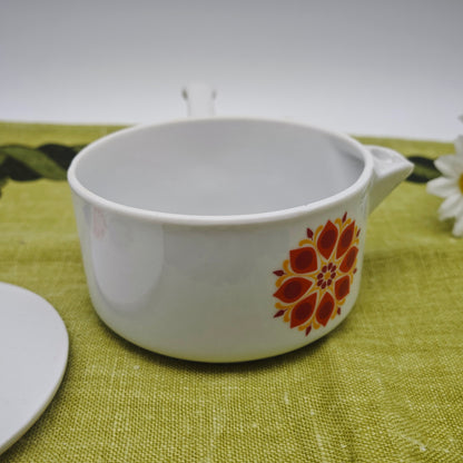 Vintage sauce boat ceramic white with flower motif red yellow Mid Century 17 cm serving pot with lid Retro Pottery 60s 70s