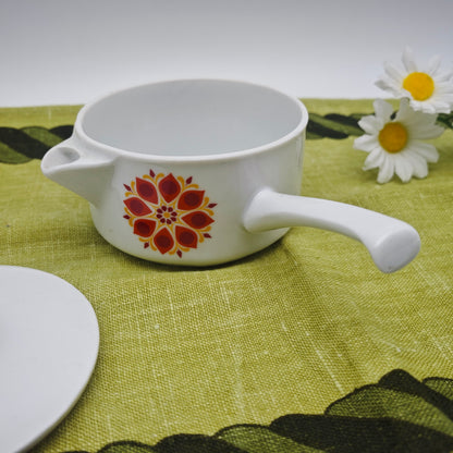 Vintage sauce boat ceramic white with flower motif red yellow Mid Century 17 cm serving pot with lid Retro Pottery 60s 70s