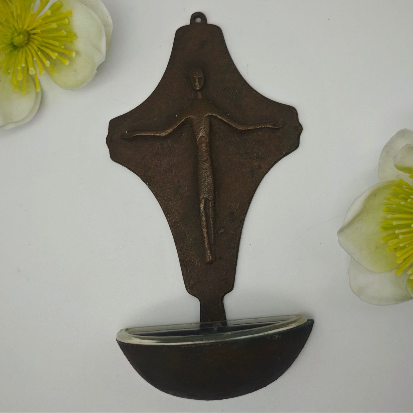 Holy Water Stoup Brass Mid Century Modern Vintage Cross Wall Mounted 15 cm Christian Decoration Crucifix with Bowl Wall Decoration