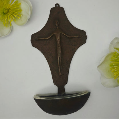 Holy Water Stoup Brass Mid Century Modern Vintage Cross Wall Mounted 15 cm Christian Decoration Crucifix with Bowl Wall Decoration