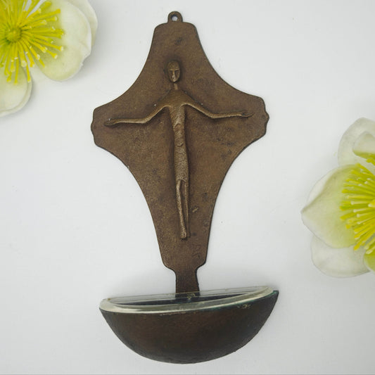 Weihwasserbecken Messing Mid Century Modern Vintage Kreuz Wandmontage 15 cm Christliche Deko Crucifix mit Schale Wanddekoration