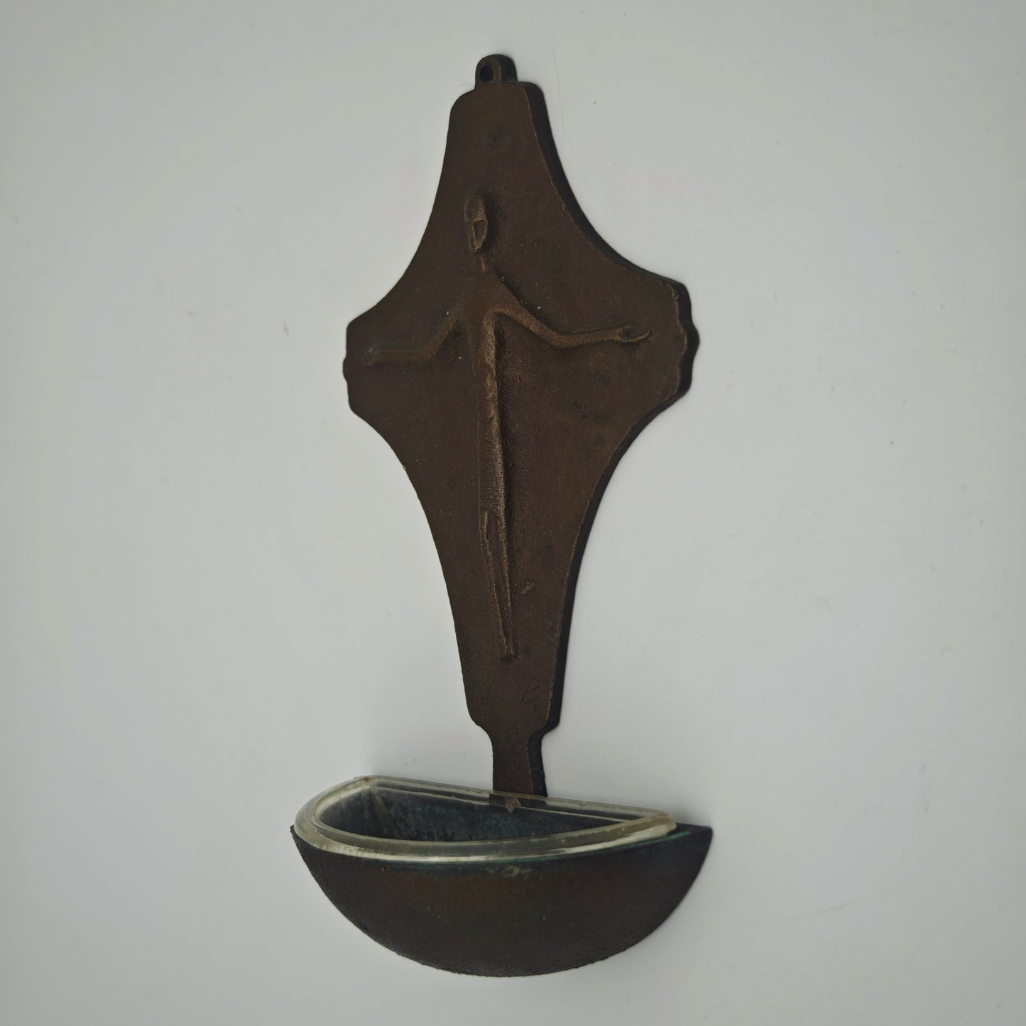 Holy Water Stoup Brass Mid Century Modern Vintage Cross Wall Mounted 15 cm Christian Decoration Crucifix with Bowl Wall Decoration