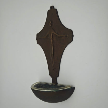 Holy Water Stoup Brass Mid Century Modern Vintage Cross Wall Mounted 15 cm Christian Decoration Crucifix with Bowl Wall Decoration