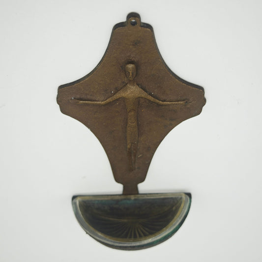 Weihwasserbecken Messing Mid Century Modern Vintage Kreuz Wandmontage 15 cm Christliche Deko Crucifix mit Schale Wanddekoration