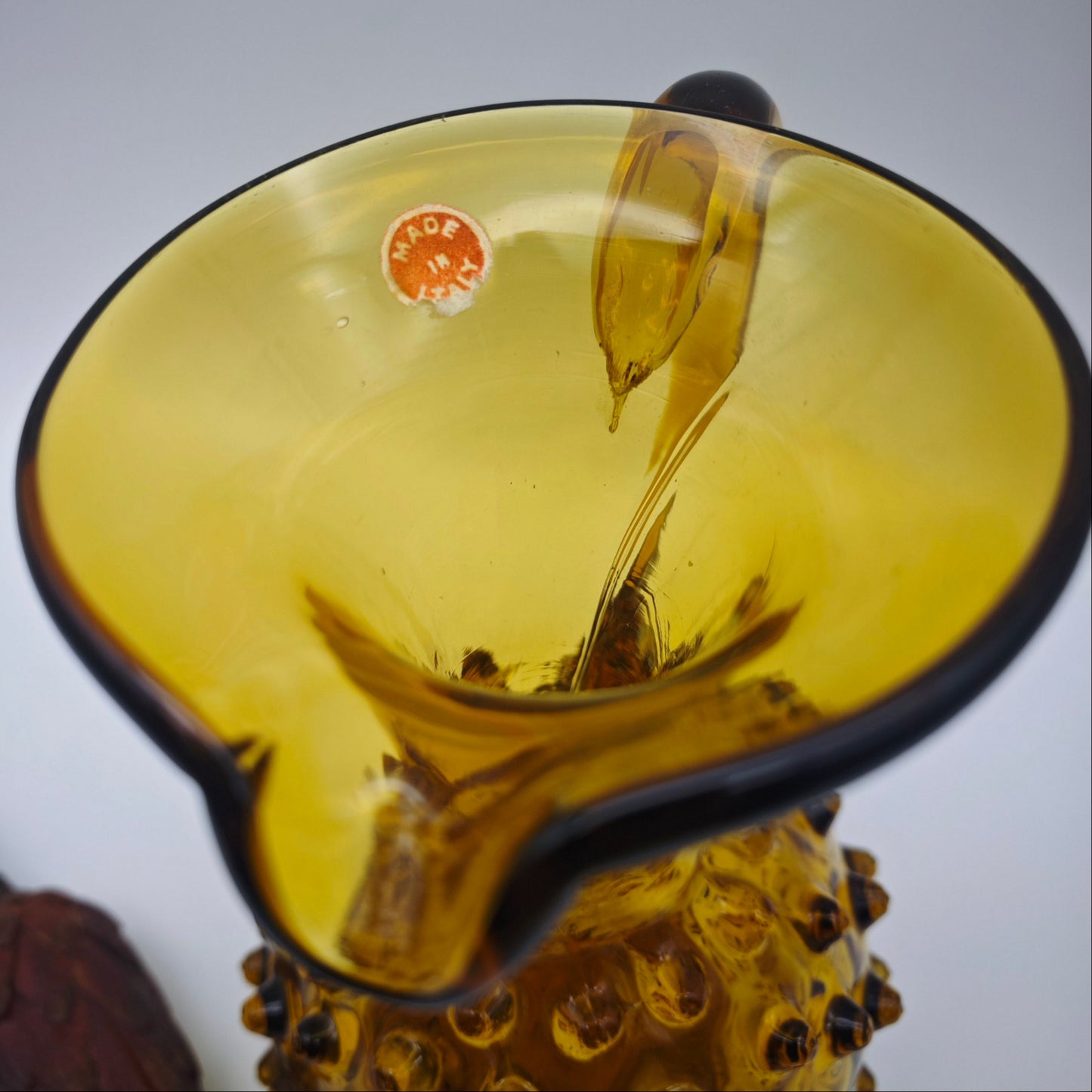 Vase Henkelvase Murano Glas Empoli Noppenglas bernstein-gelb Warzenglas midcentury mundgeblasen Handarbeit Muranoglas Krug