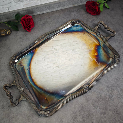 Plateau Fracalanza plaqué argent Art Nouveau Brésil plaque d'argent 64 cm patine baroque plateau de service décoratif Shabby Chic