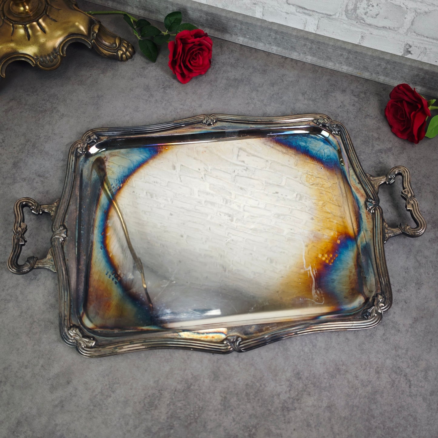 Plateau Fracalanza plaqué argent Art Nouveau Brésil plaque d'argent 64 cm patine baroque plateau de service décoratif Shabby Chic