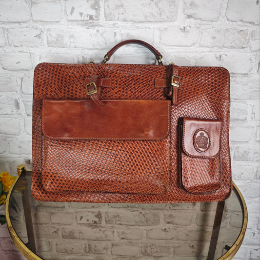 LCF Firenze Aktentasche Echtleder 70er 80er Italien Business Bag Reptiloptik Krokomuster Tasche