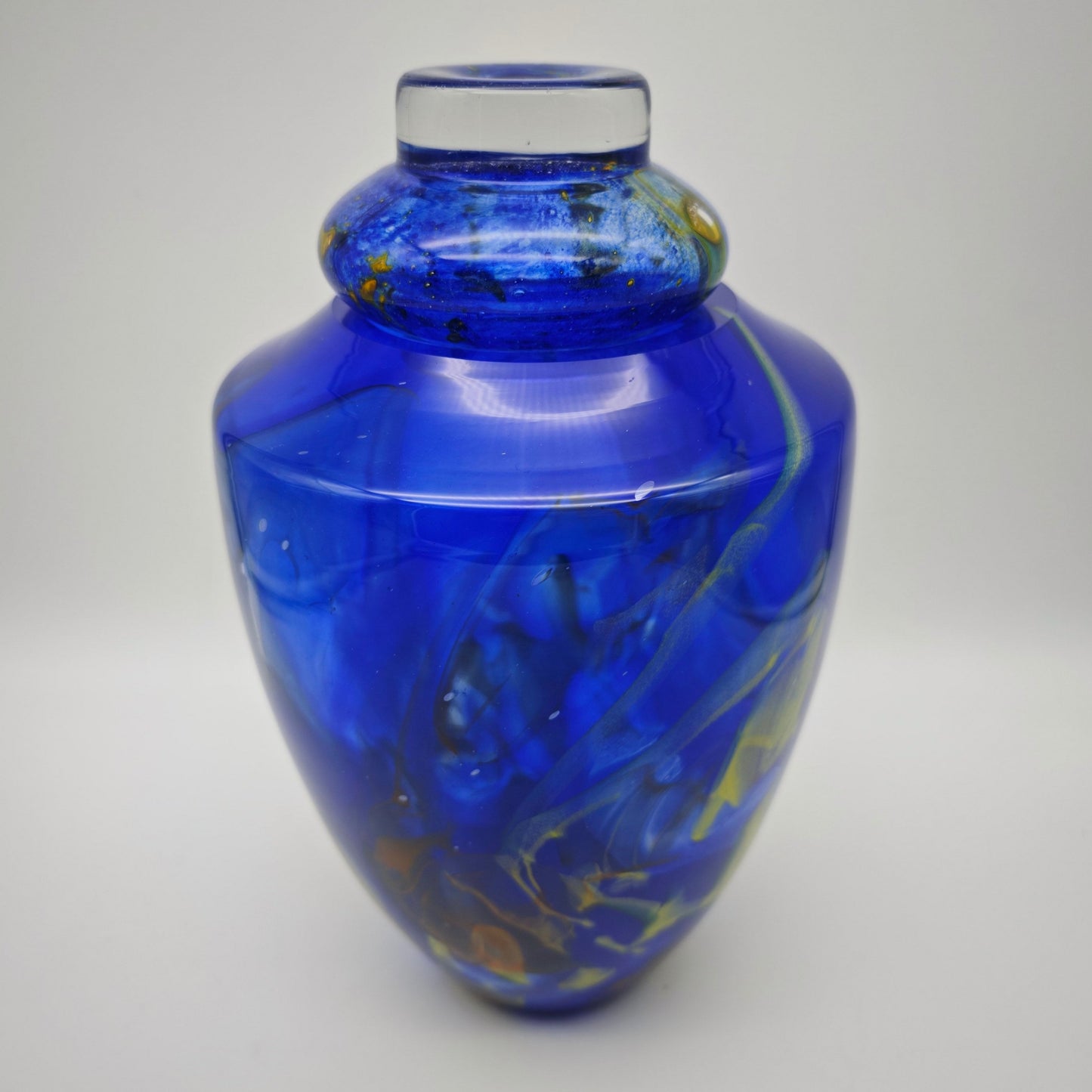 La Rochere Glasurne Studioglas kobaltblau mit Farbfäden Deckelvase Frankreich signiert 27 cm Urne