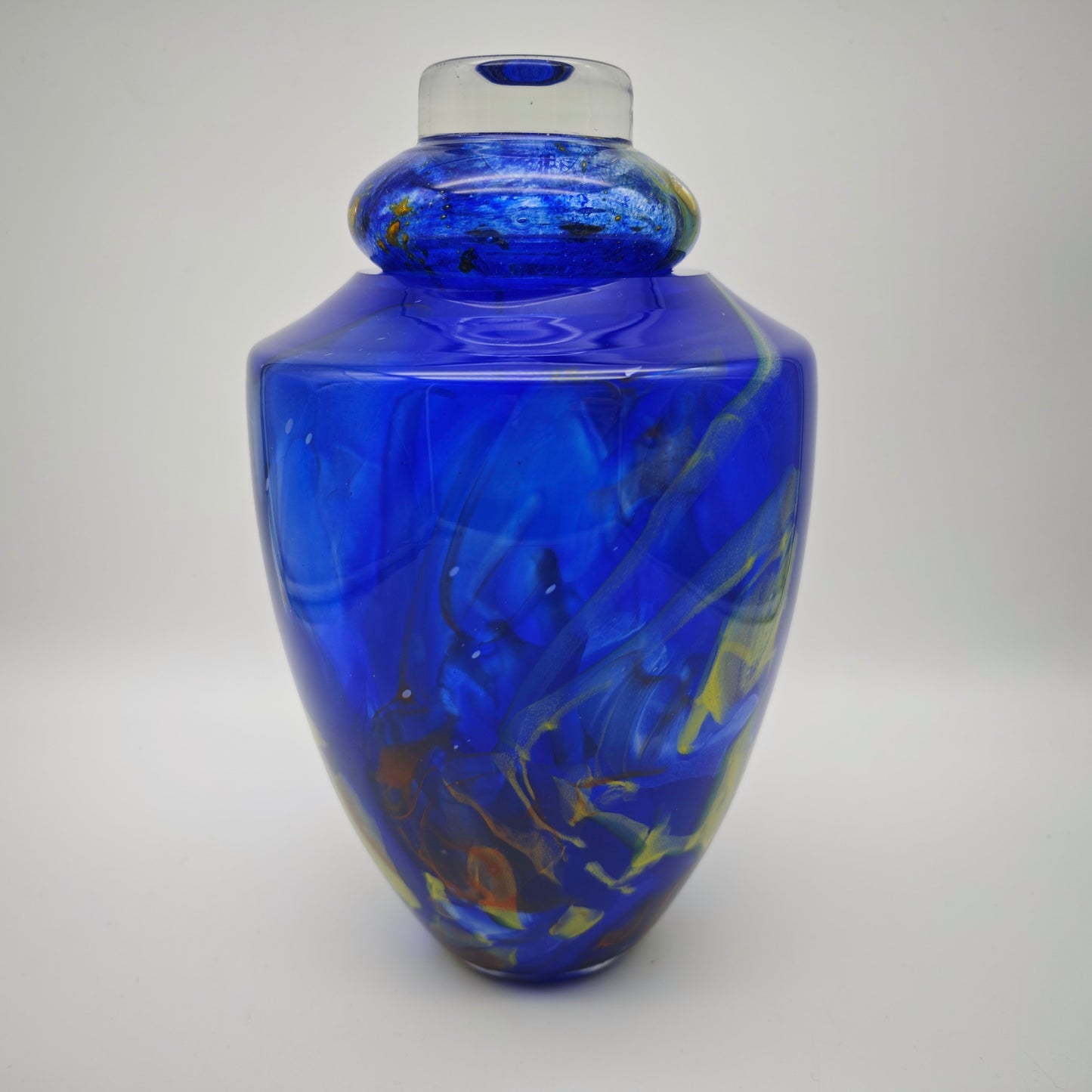 La Rochere Glasurne Studioglas kobaltblau mit Farbfäden Deckelvase Frankreich signiert 27 cm Urne