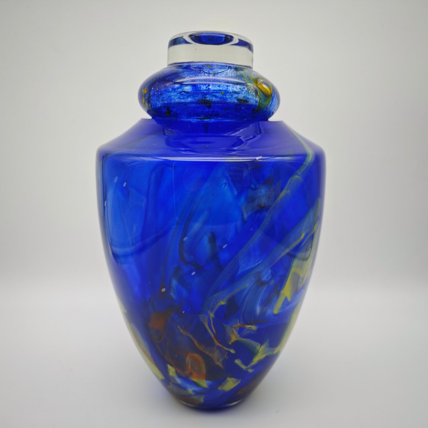La Rochere Glasurne Studioglas kobaltblau mit Farbfäden Deckelvase Frankreich signiert 27 cm Urne