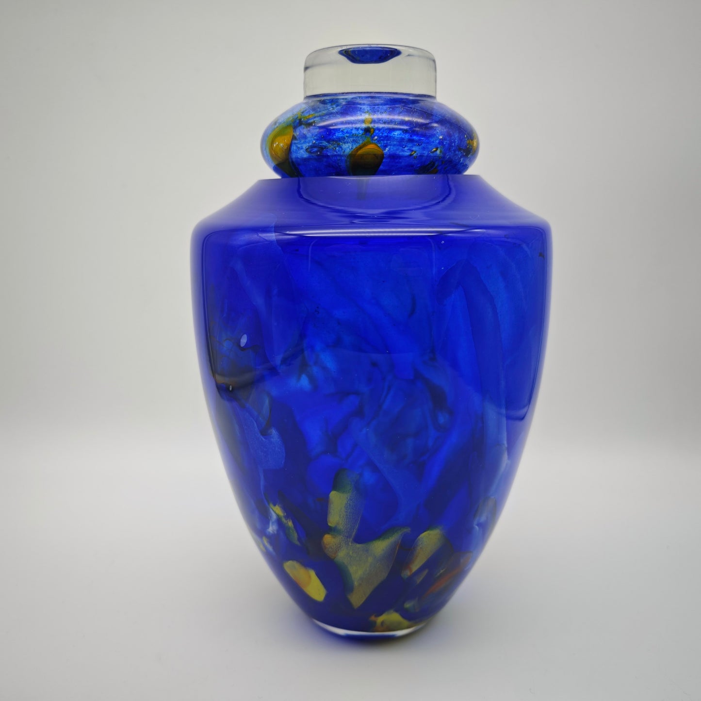 La Rochere Glasurne Studioglas kobaltblau mit Farbfäden Deckelvase Frankreich signiert 27 cm Urne