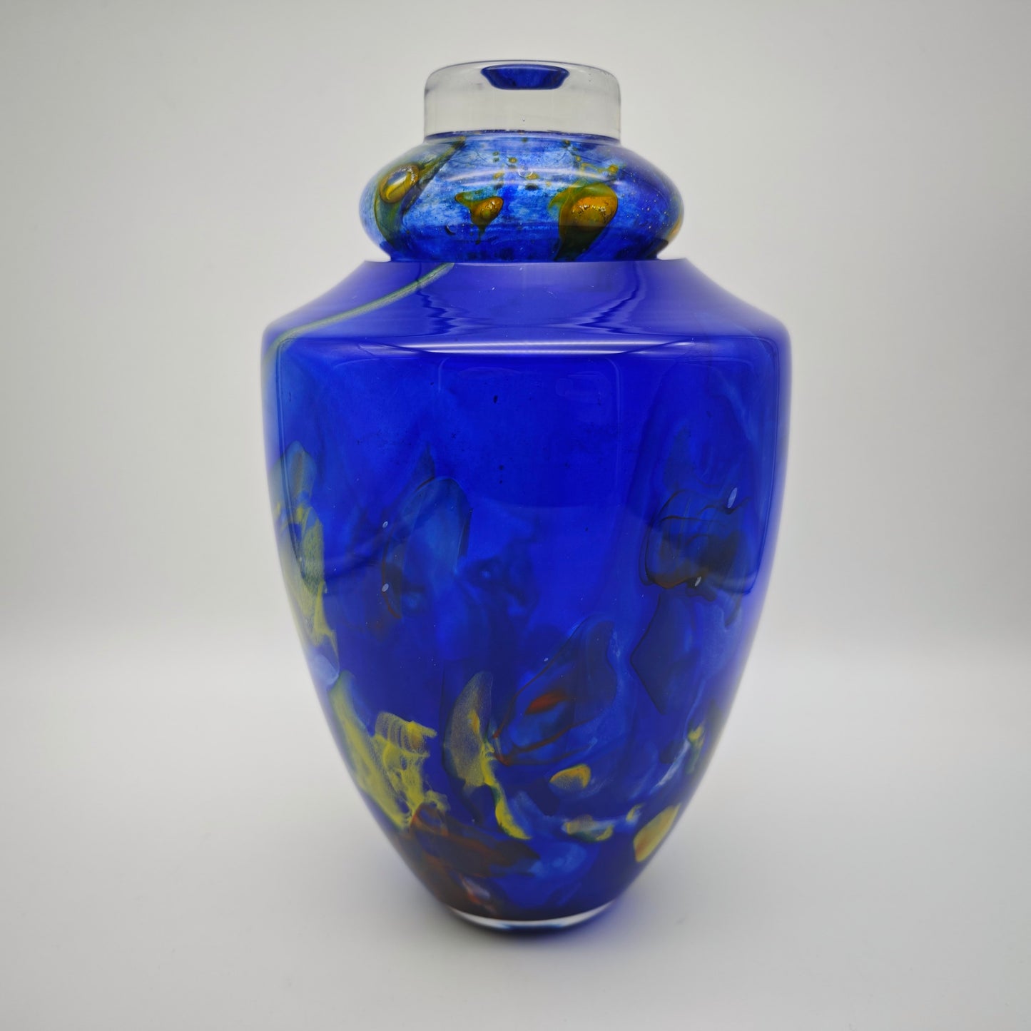 La Rochere Glasurne Studioglas kobaltblau mit Farbfäden Deckelvase Frankreich signiert 27 cm Urne