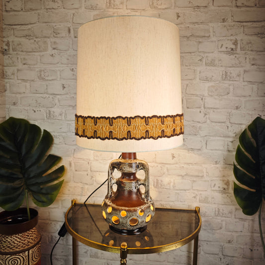 Fat Lava Lamp Table Lamp Side Table Mid Century Ceramic West German Pottery beige brown fabric shade border midcentury 60s 70s Boho