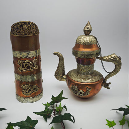 Tibet Nepal Kupfer Messing Kannen Set Drachenmotiv orientalisch Vintage Dekoration 22 cm