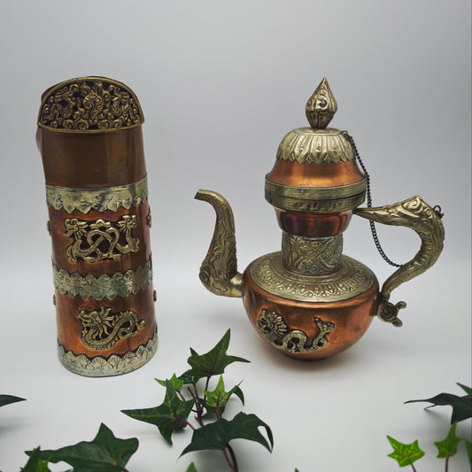 Tibet Nepal Kupfer Messing Kannen Set Drachenmotiv orientalisch Vintage Dekoration 22 cm