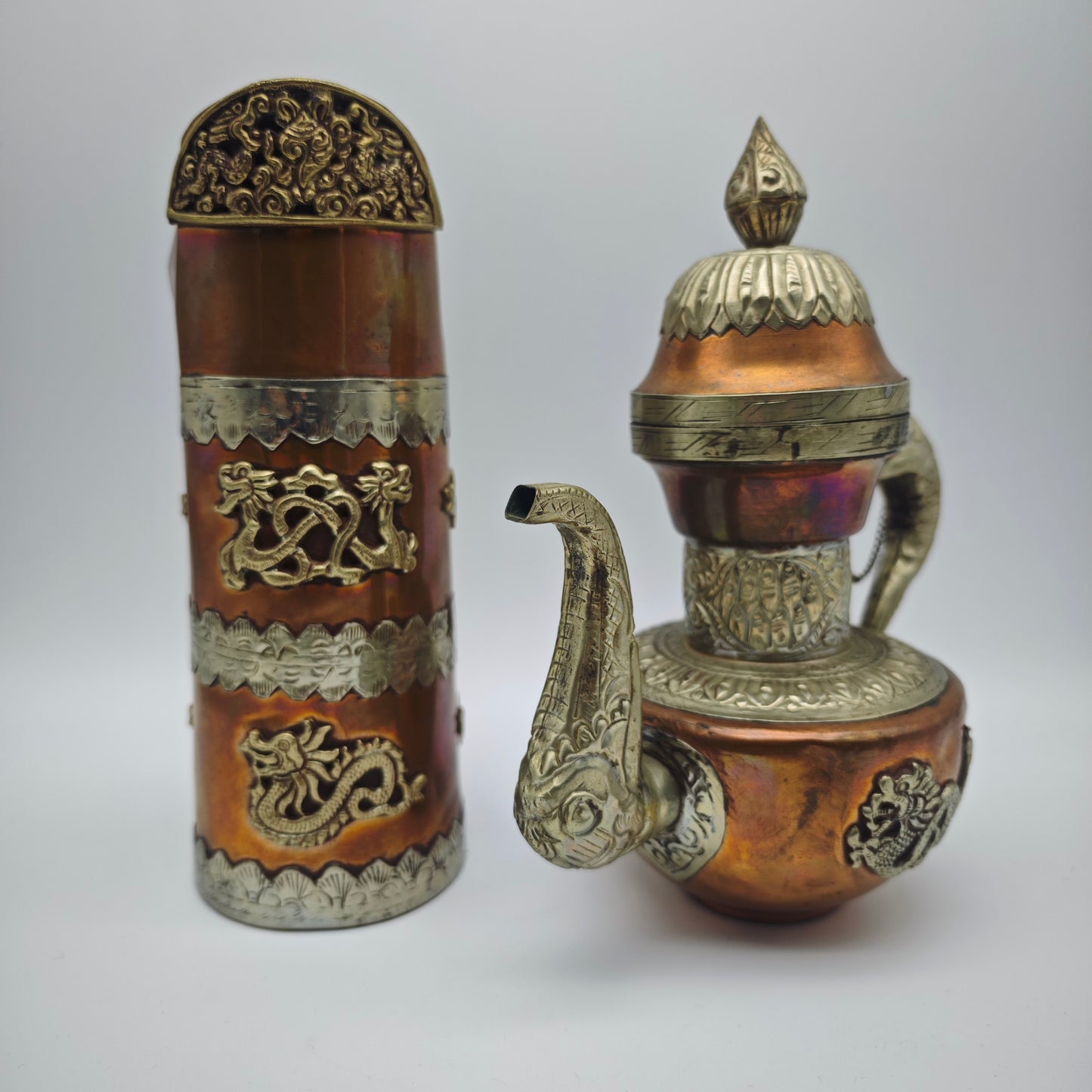 Tibet Nepal Kupfer Messing Kannen Set Drachenmotiv orientalisch Vintage Dekoration 22 cm