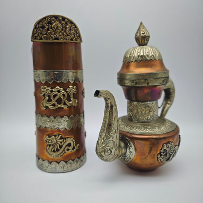 Tibet Nepal Kupfer Messing Kannen Set Drachenmotiv orientalisch Vintage Dekoration 22 cm