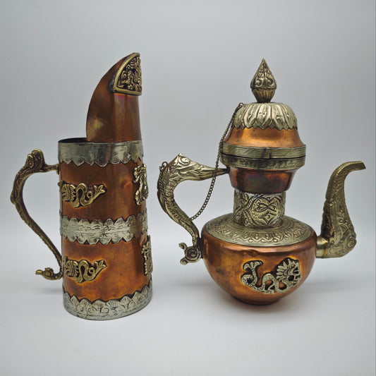 Tibet Nepal Kupfer Messing Kannen Set Drachenmotiv orientalisch Vintage Dekoration 22 cm