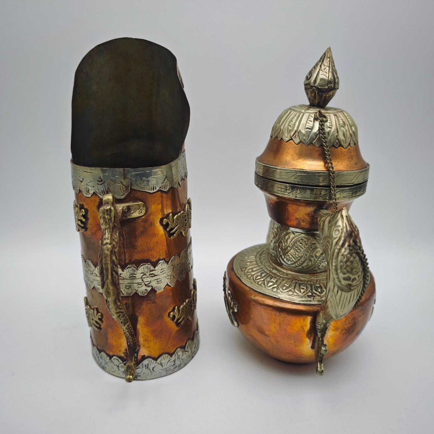 Tibet Nepal Kupfer Messing Kannen Set Drachenmotiv orientalisch Vintage Dekoration 22 cm