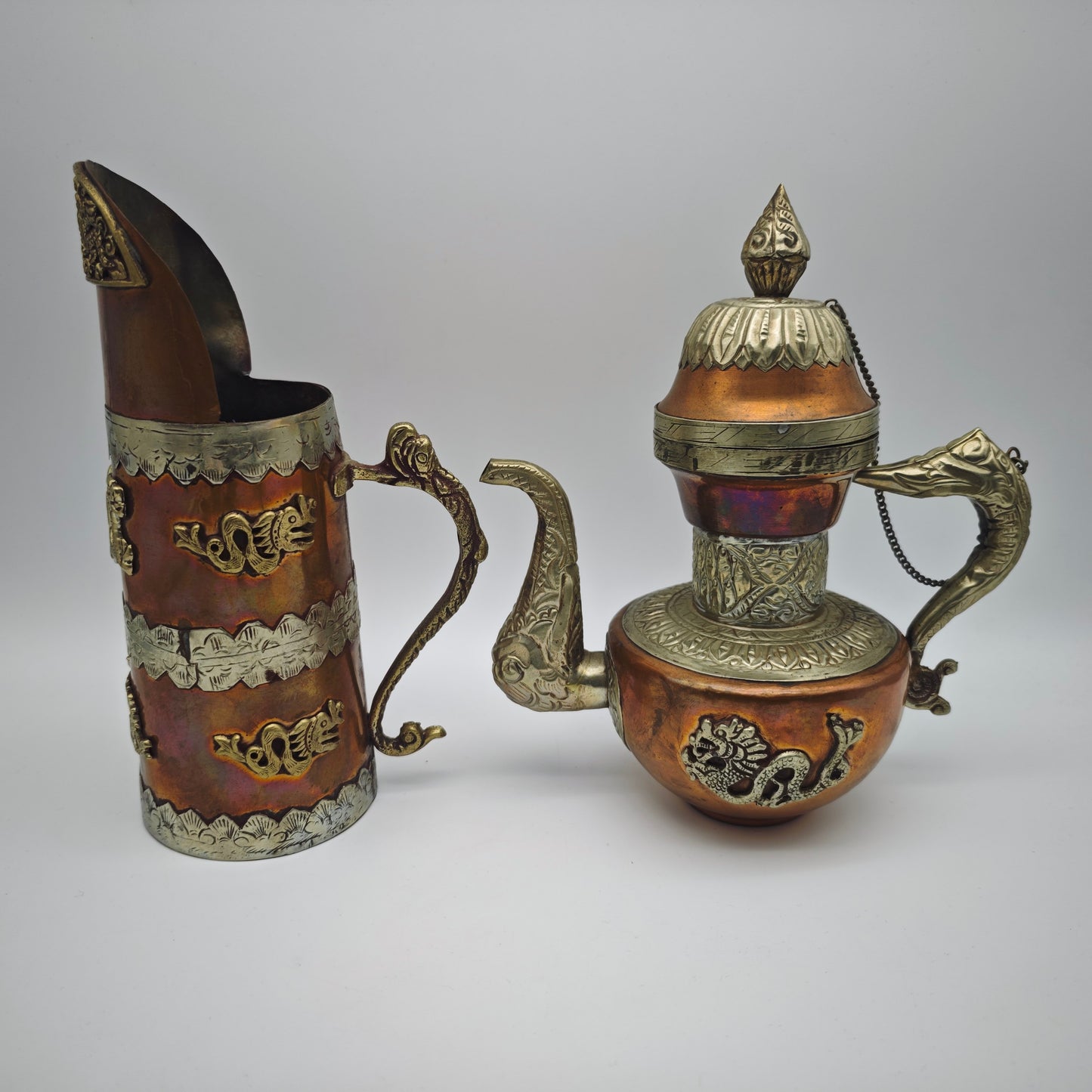 Tibet Nepal Kupfer Messing Kannen Set Drachenmotiv orientalisch Vintage Dekoration 22 cm