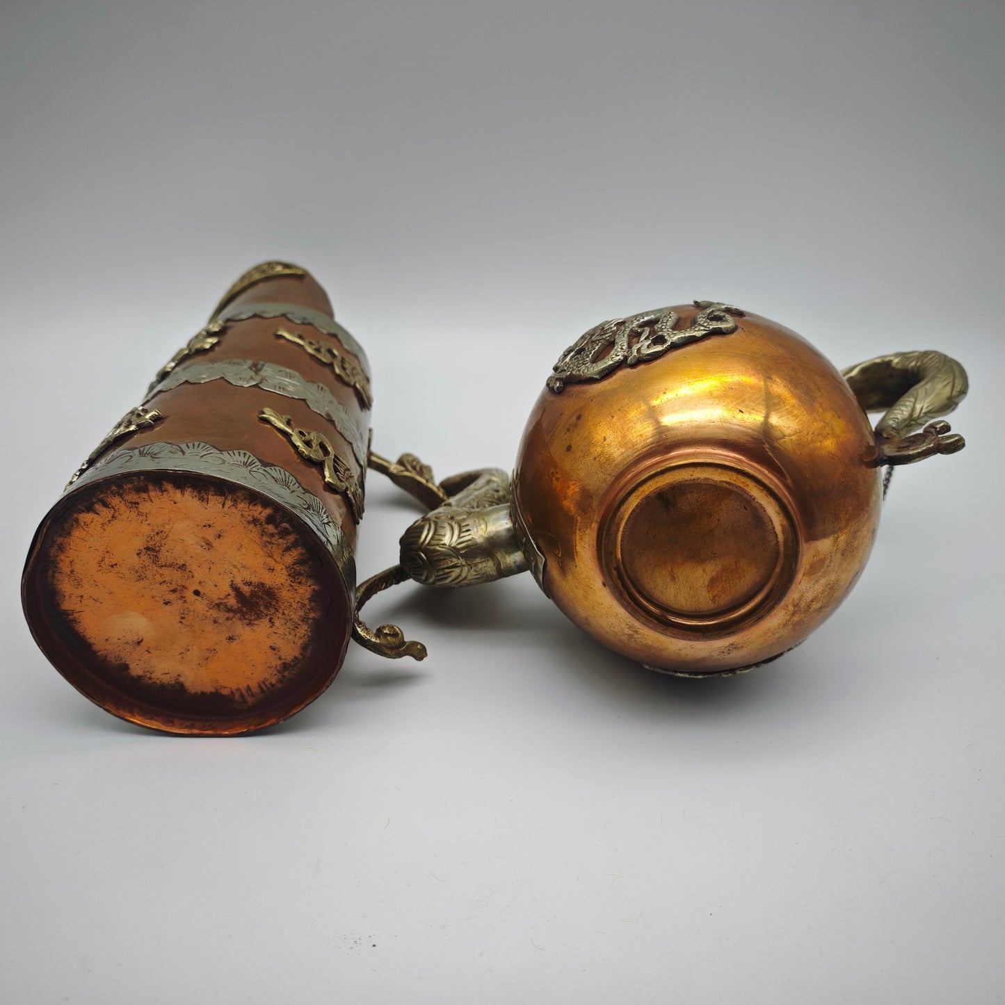 Tibet Nepal Kupfer Messing Kannen Set Drachenmotiv orientalisch Vintage Dekoration 22 cm