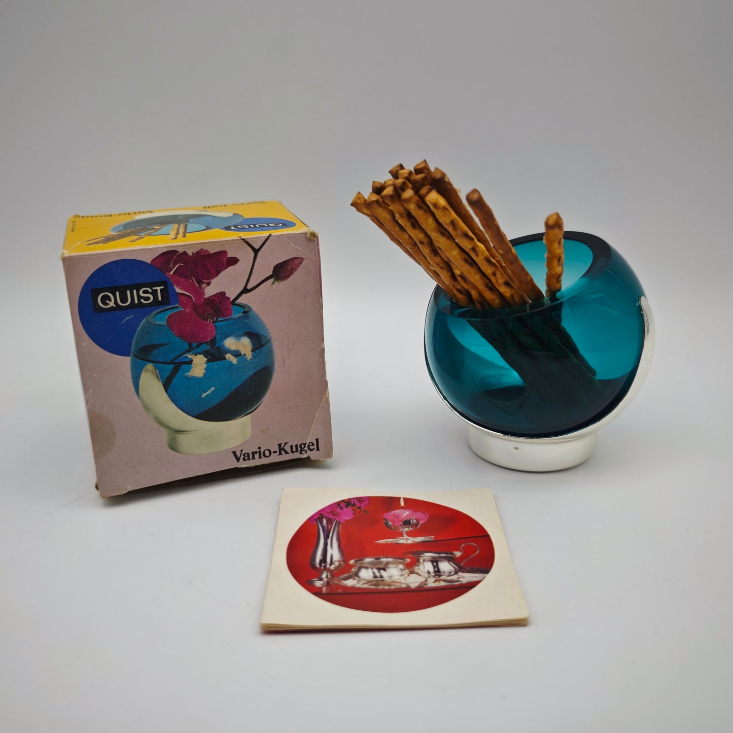 Quist Vario-Kugel 4166 Glas türkis mit OVP drehbar Space Age Anbietschale Vase Eyeball West Germany