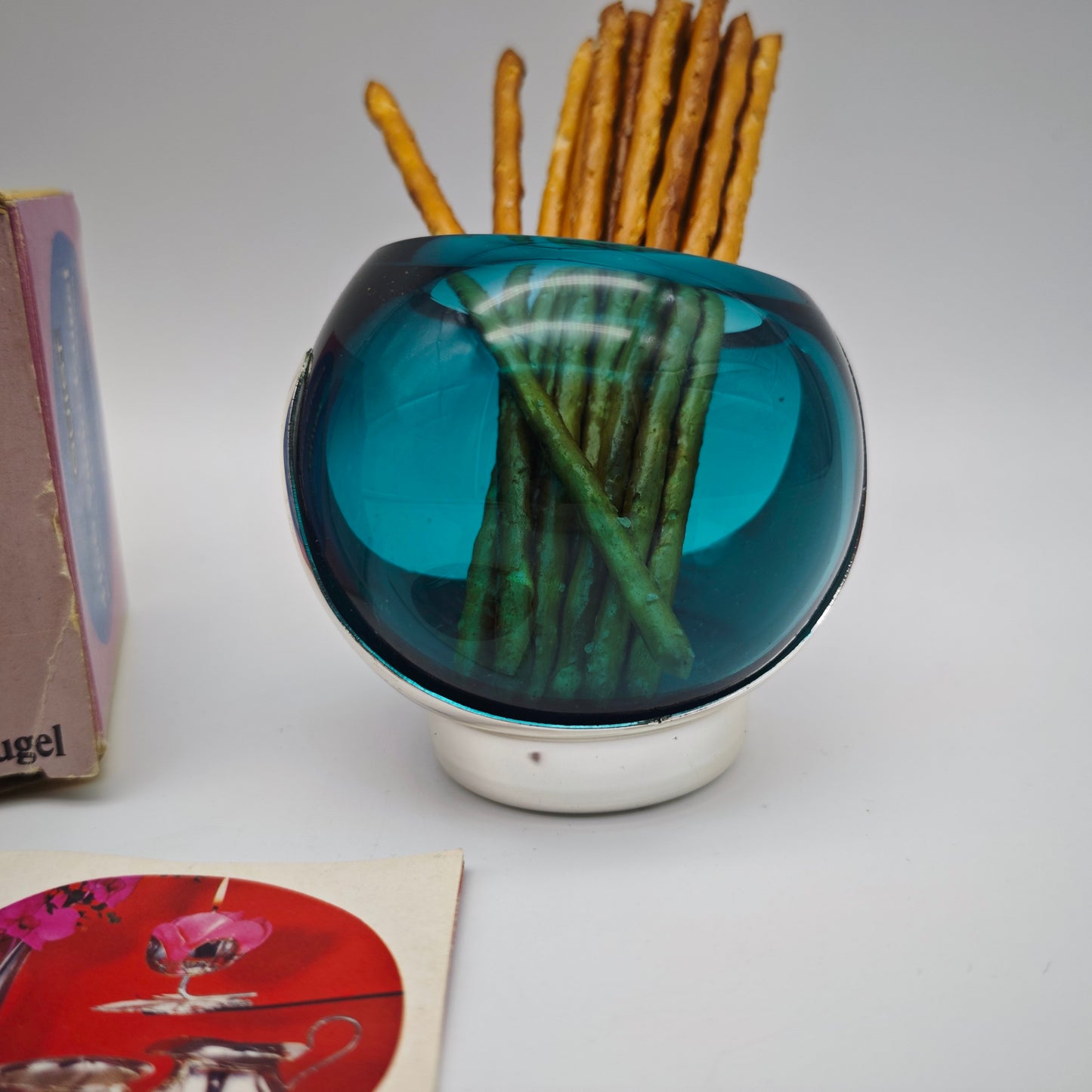 Quist Vario-Kugel 4166 Glas türkis mit OVP drehbar Space Age Anbietschale Vase Eyeball West Germany