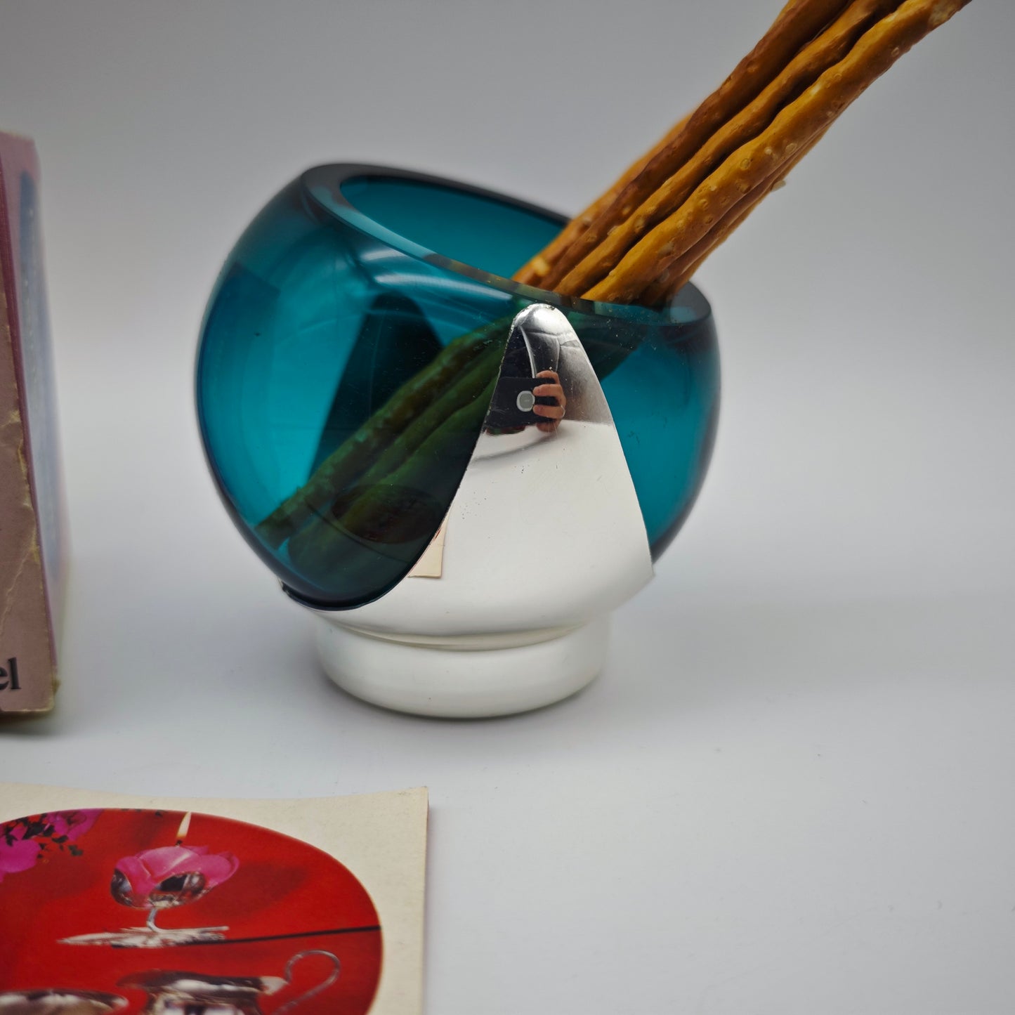 Quist Vario-Kugel 4166 Glas türkis mit OVP drehbar Space Age Anbietschale Vase Eyeball West Germany