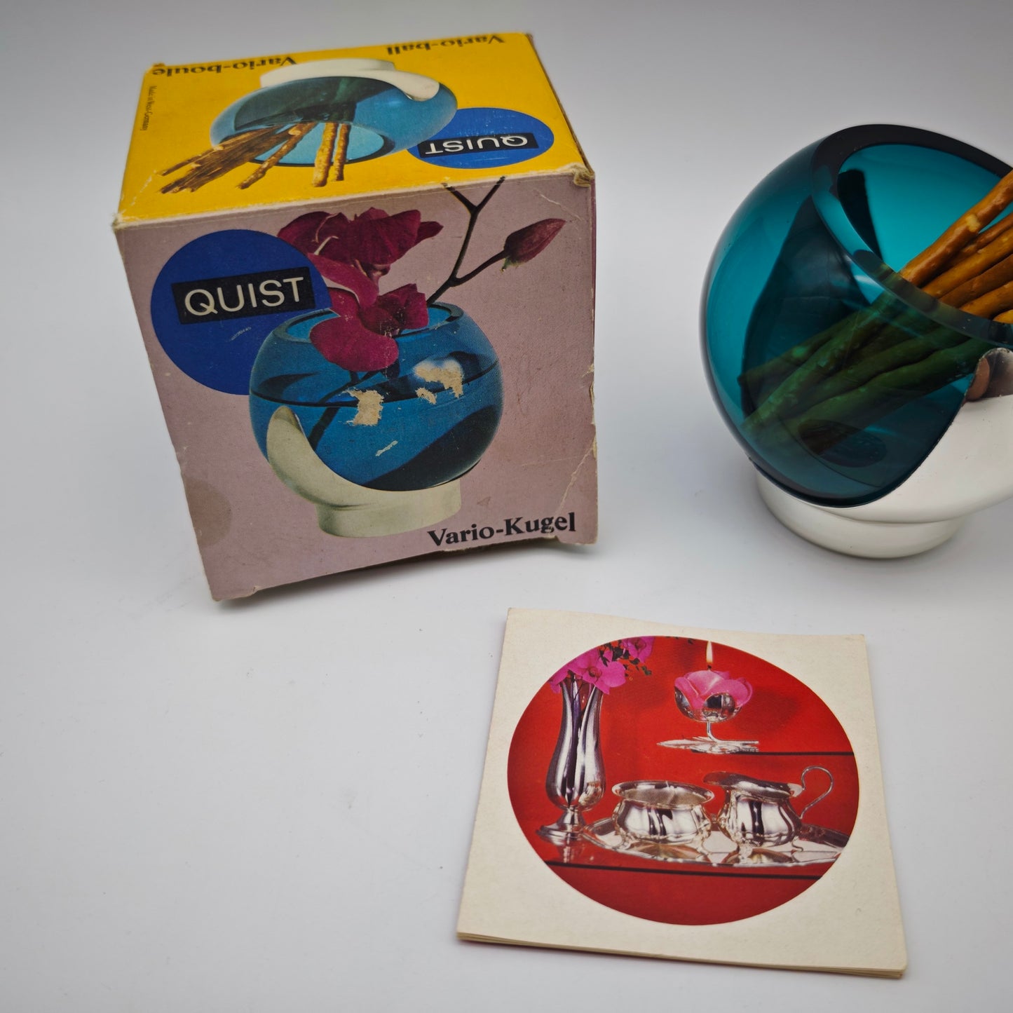 Quist Vario-Kugel 4166 Glas türkis mit OVP drehbar Space Age Anbietschale Vase Eyeball West Germany