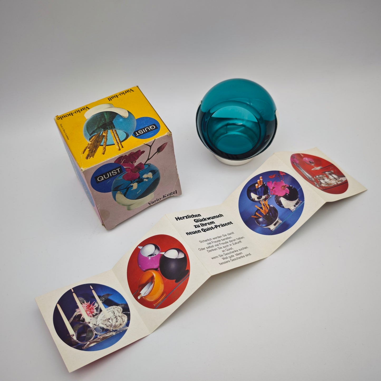 Quist Vario-Kugel 4166 Glas türkis mit OVP drehbar Space Age Anbietschale Vase Eyeball West Germany