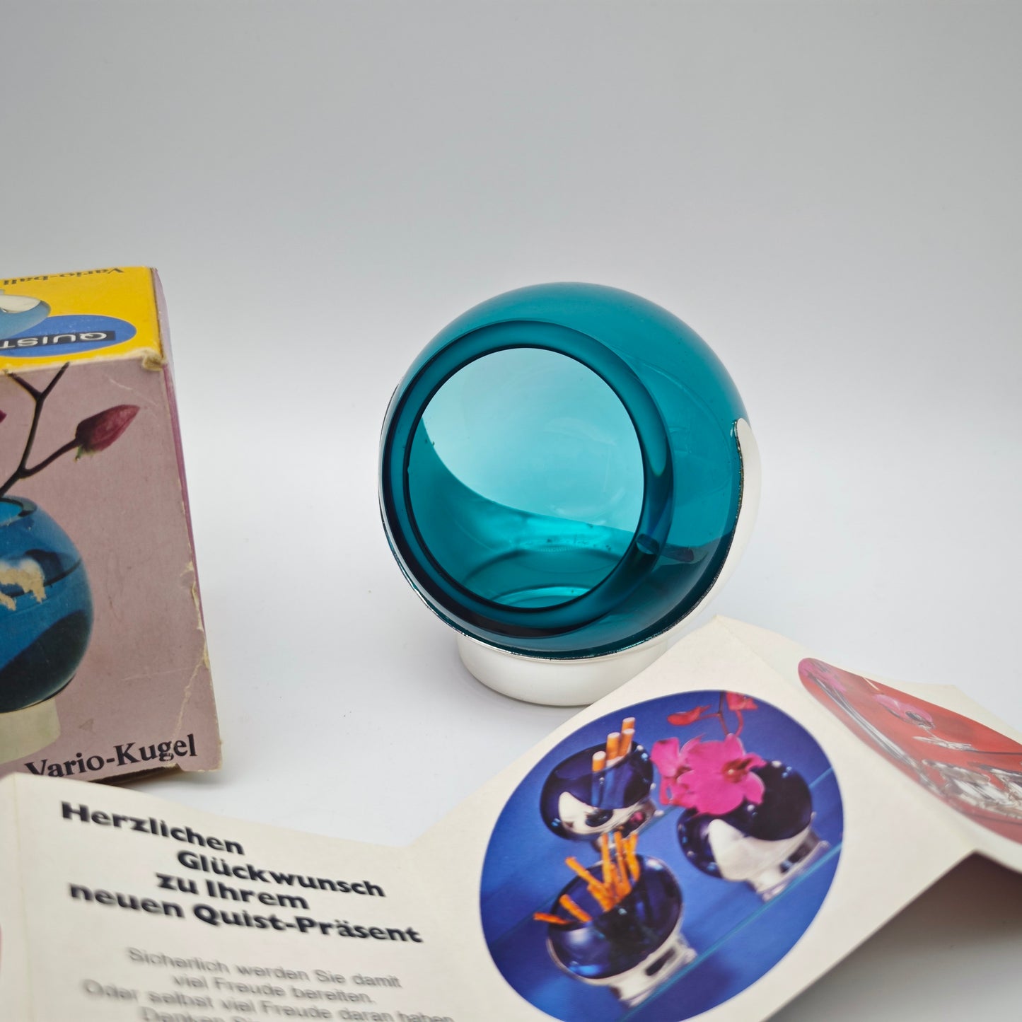 Quist Vario-Kugel 4166 Glas türkis mit OVP drehbar Space Age Anbietschale Vase Eyeball West Germany