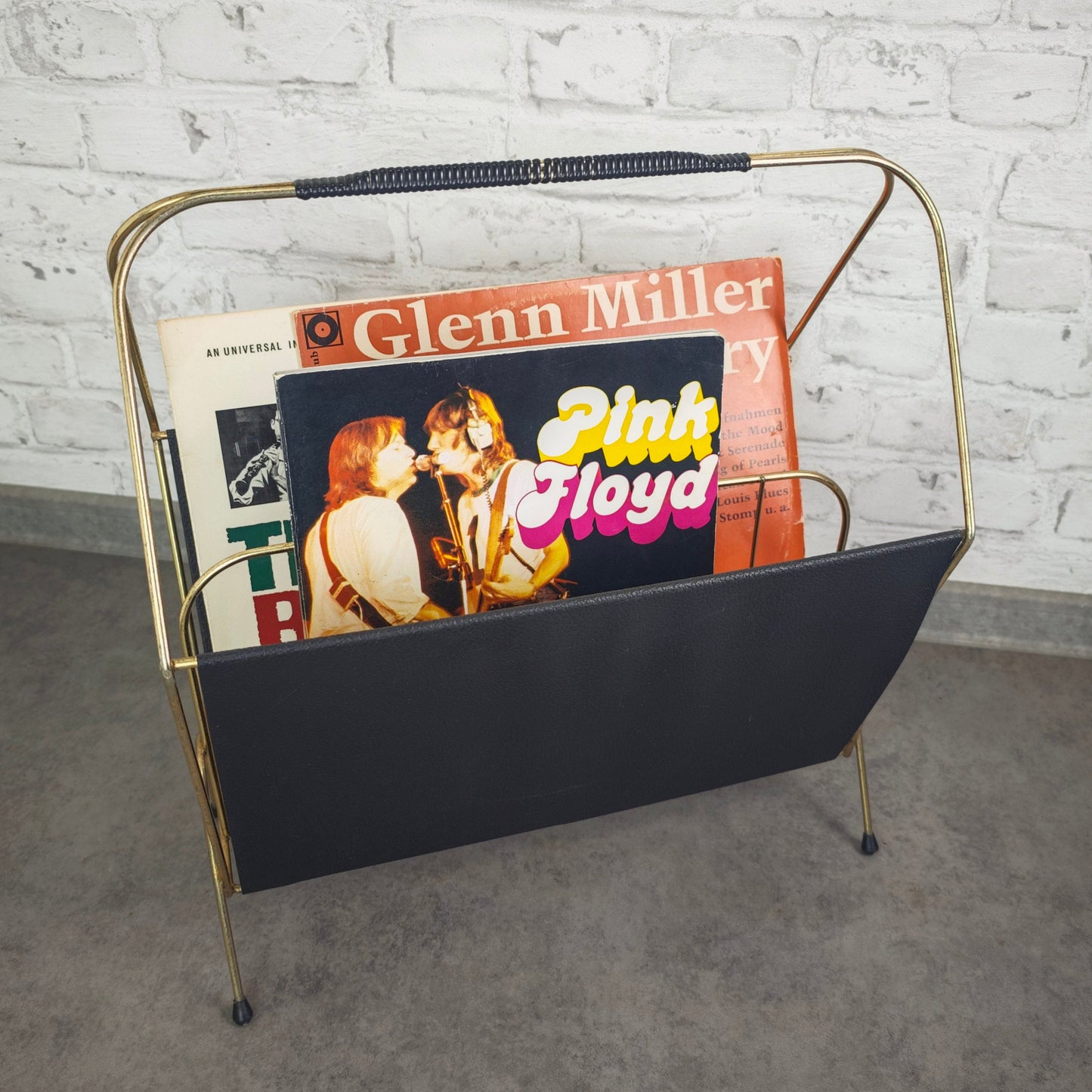 Zeitschriftenhalter Metall schwarz gold Midcentury LP Ständer vintage string Ära