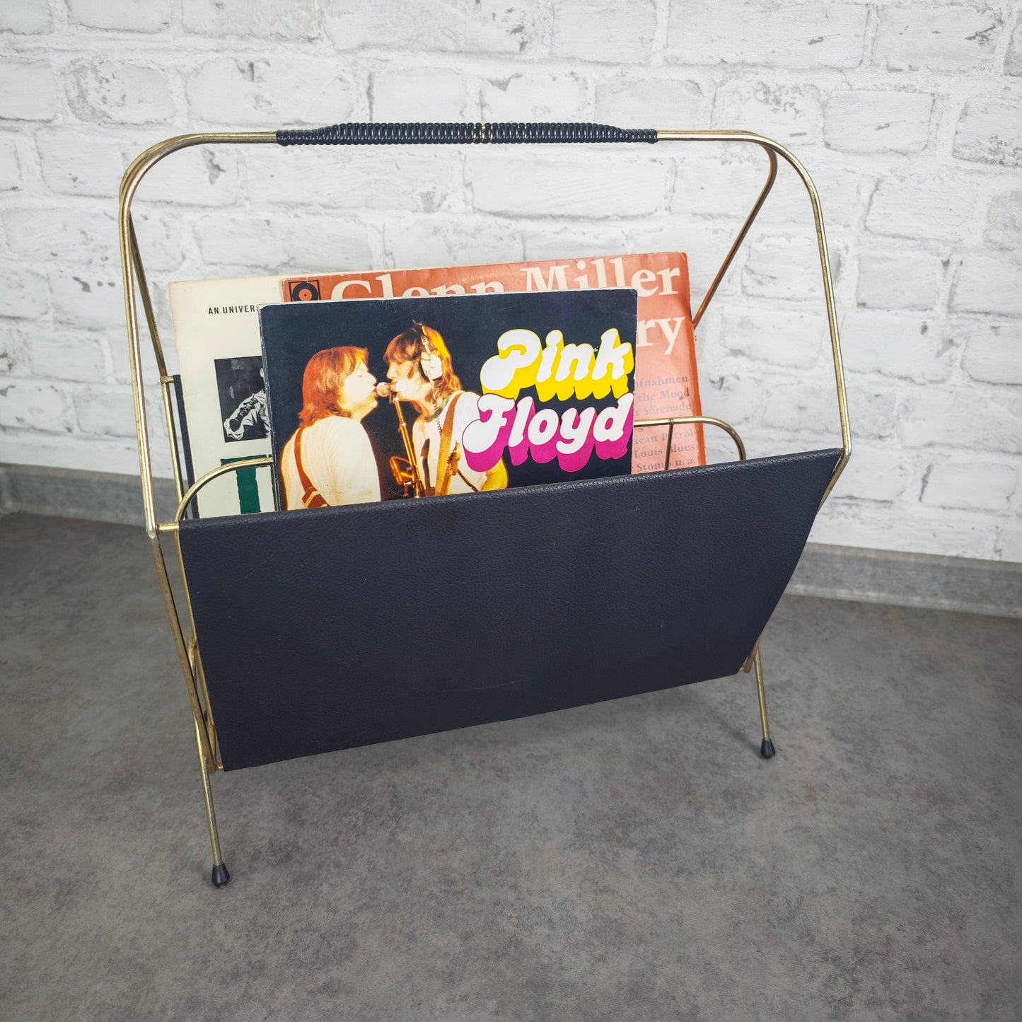 Zeitschriftenhalter Metall schwarz gold Midcentury LP Ständer vintage string Ära