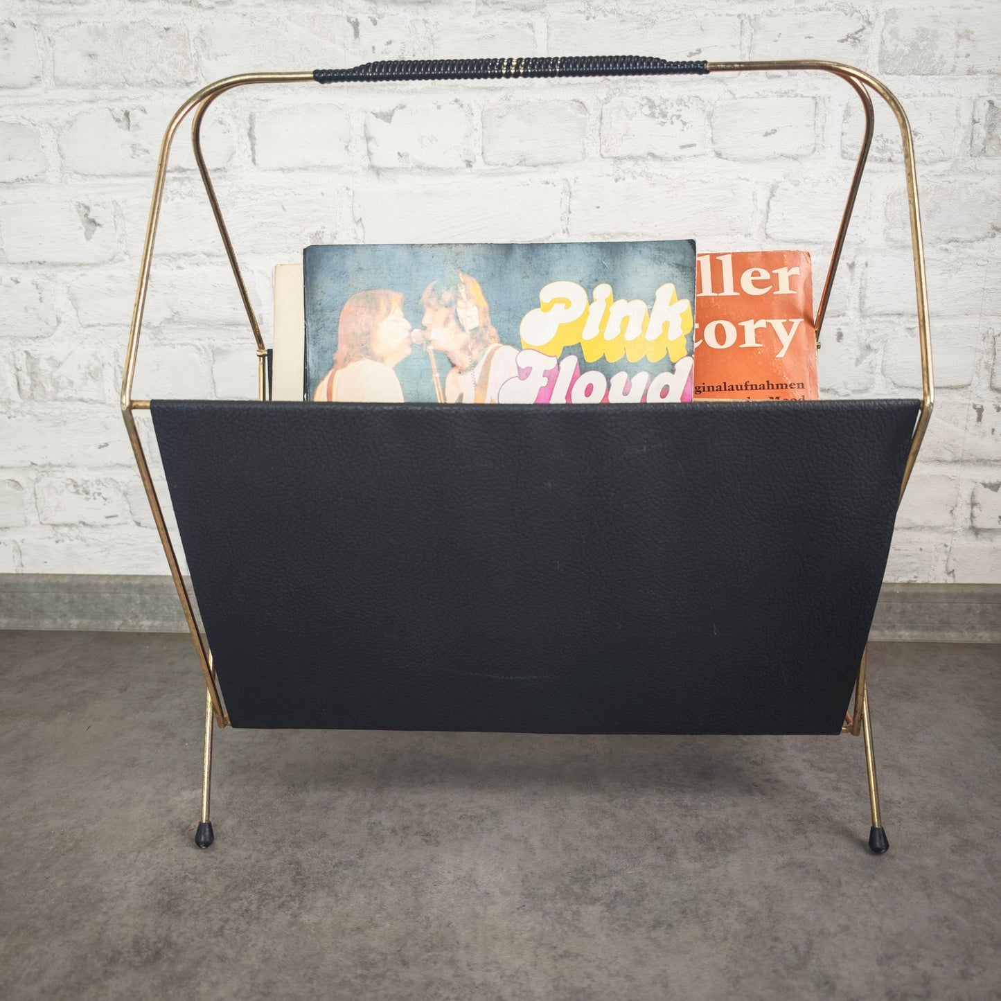 Zeitschriftenhalter Metall schwarz gold Midcentury LP Ständer vintage string Ära