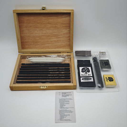 Nature Art Zeichenkohle Set 27-teilig mit Holzbox Bleistifte Knetgummi Papierwischer