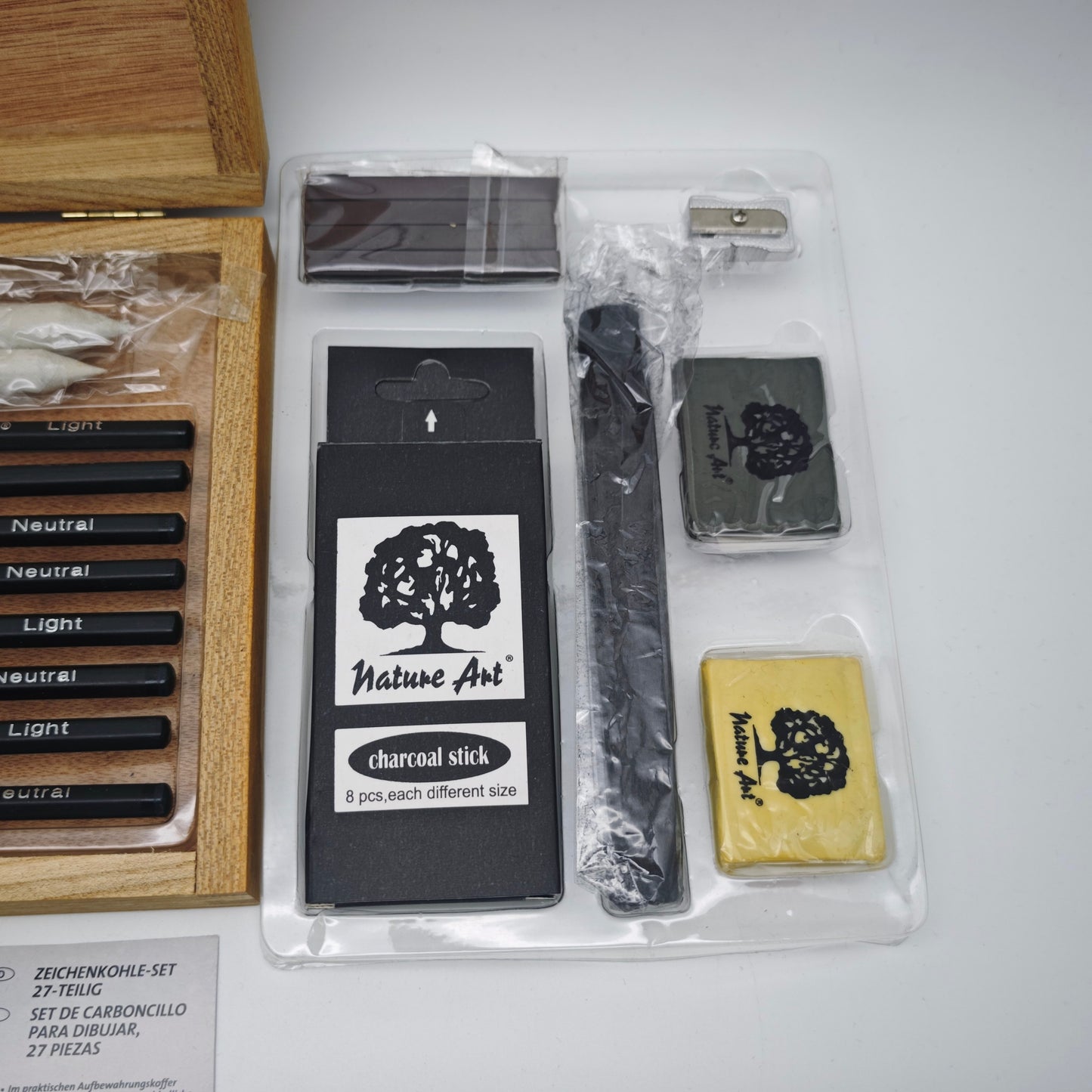Nature Art Zeichenkohle Set 27-teilig mit Holzbox Bleistifte Knetgummi Papierwischer