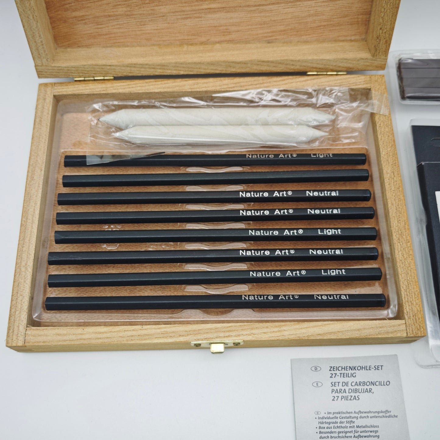 Nature Art Zeichenkohle Set 27-teilig mit Holzbox Bleistifte Knetgummi Papierwischer