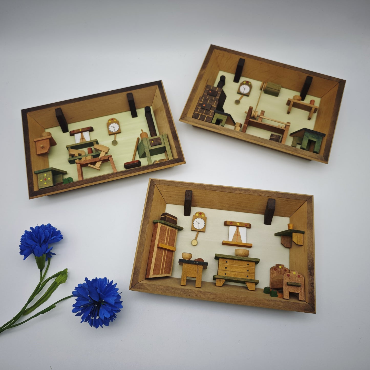 3x Holz Wandbild Diorama Bauernstube Miniatur Alpenstil Handarbeit 19 cm Vintage