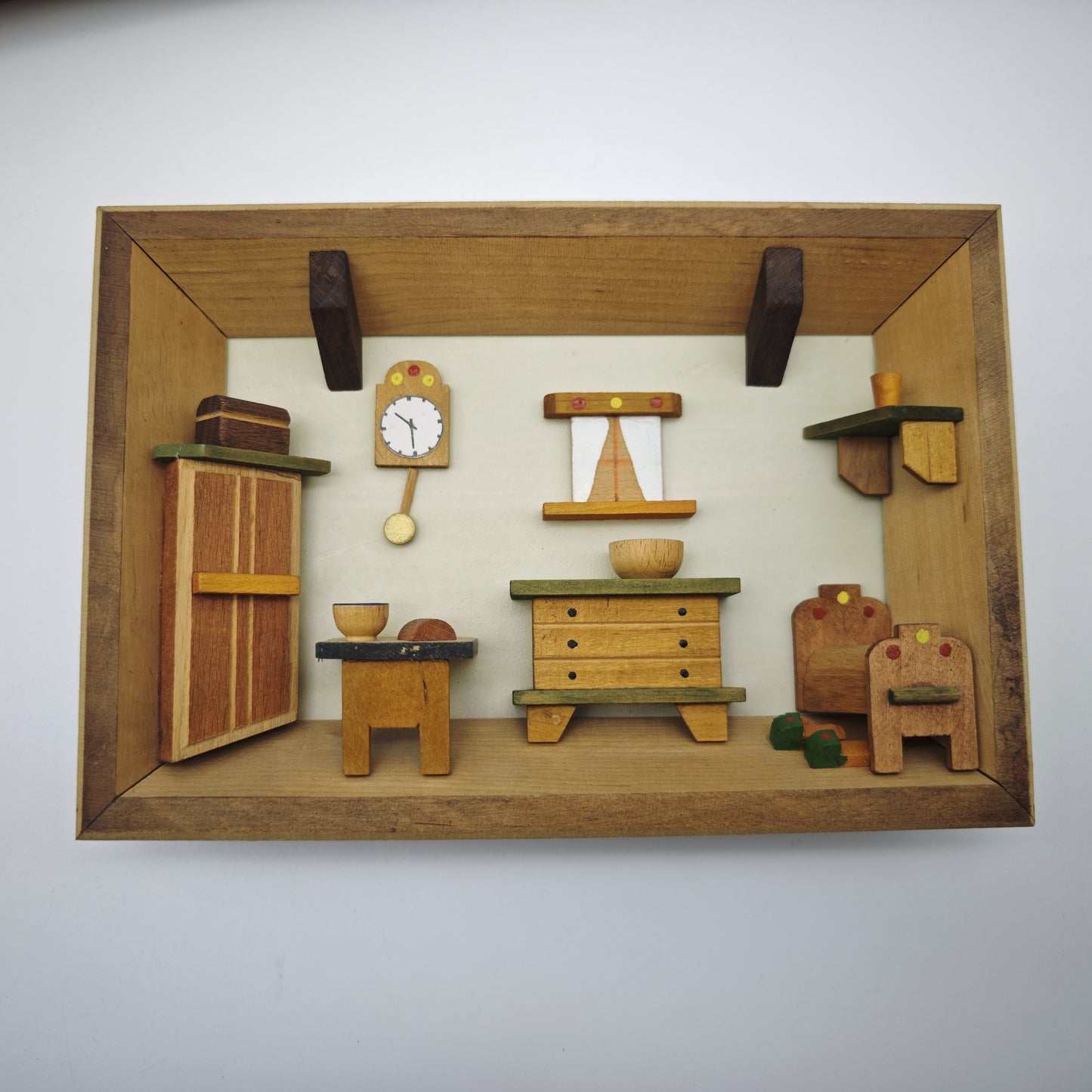 3x Holz Wandbild Diorama Bauernstube Miniatur Alpenstil Handarbeit 19 cm Vintage