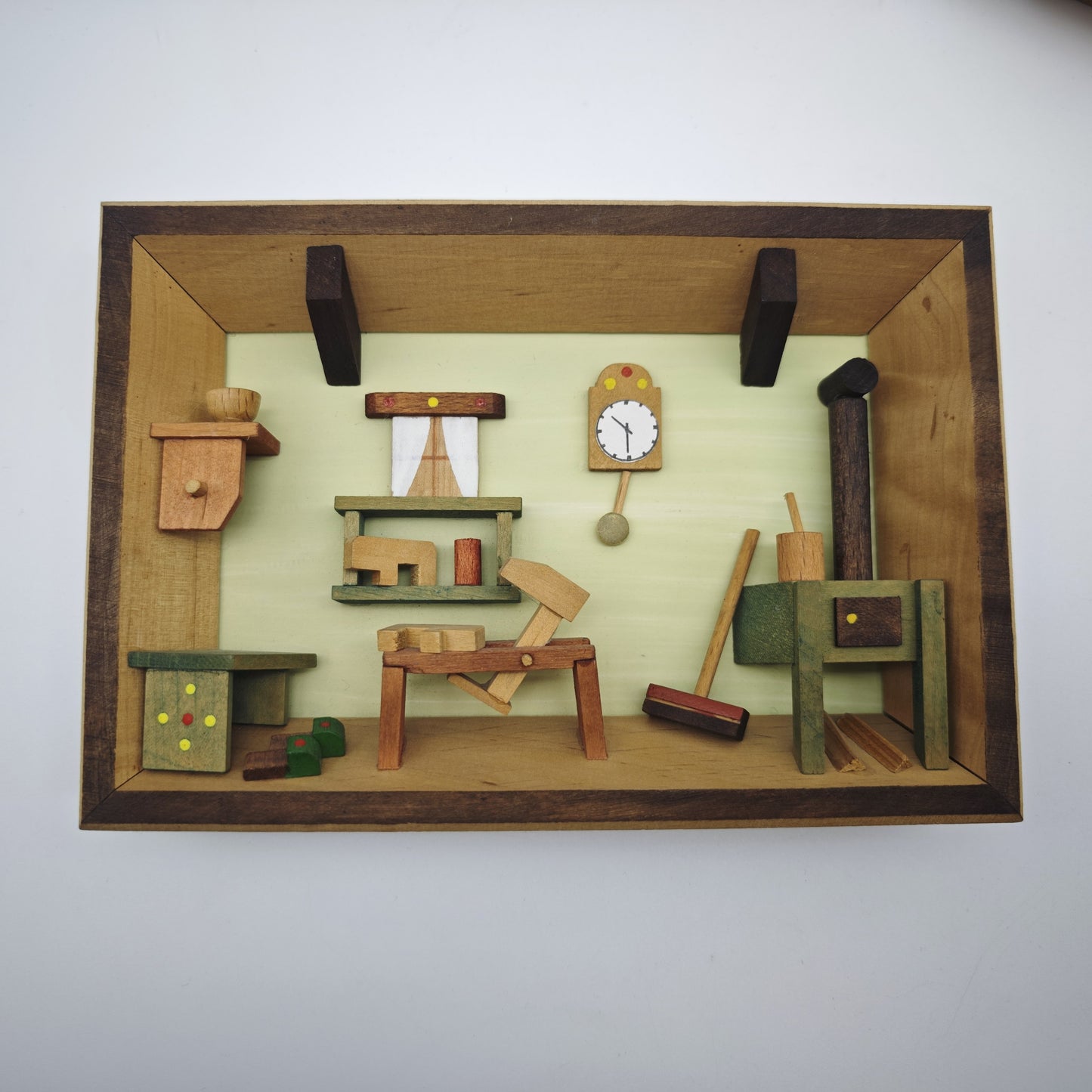 3x Holz Wandbild Diorama Bauernstube Miniatur Alpenstil Handarbeit 19 cm Vintage