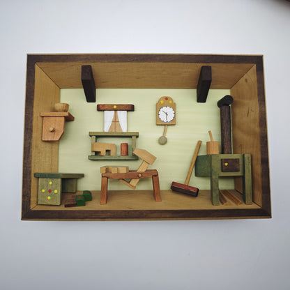 3x Holz Wandbild Diorama Bauernstube Miniatur Alpenstil Handarbeit 19 cm Vintage