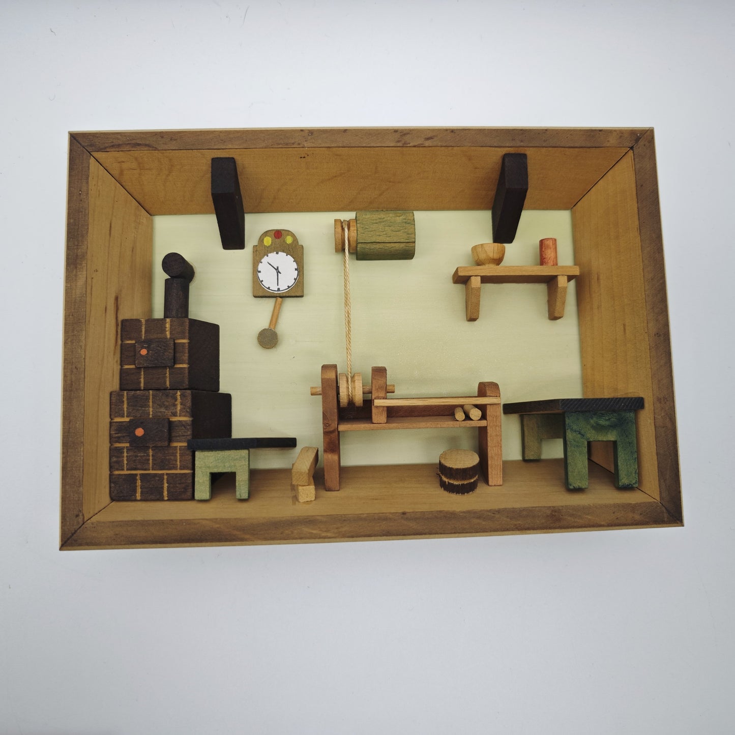 3x Holz Wandbild Diorama Bauernstube Miniatur Alpenstil Handarbeit 19 cm Vintage