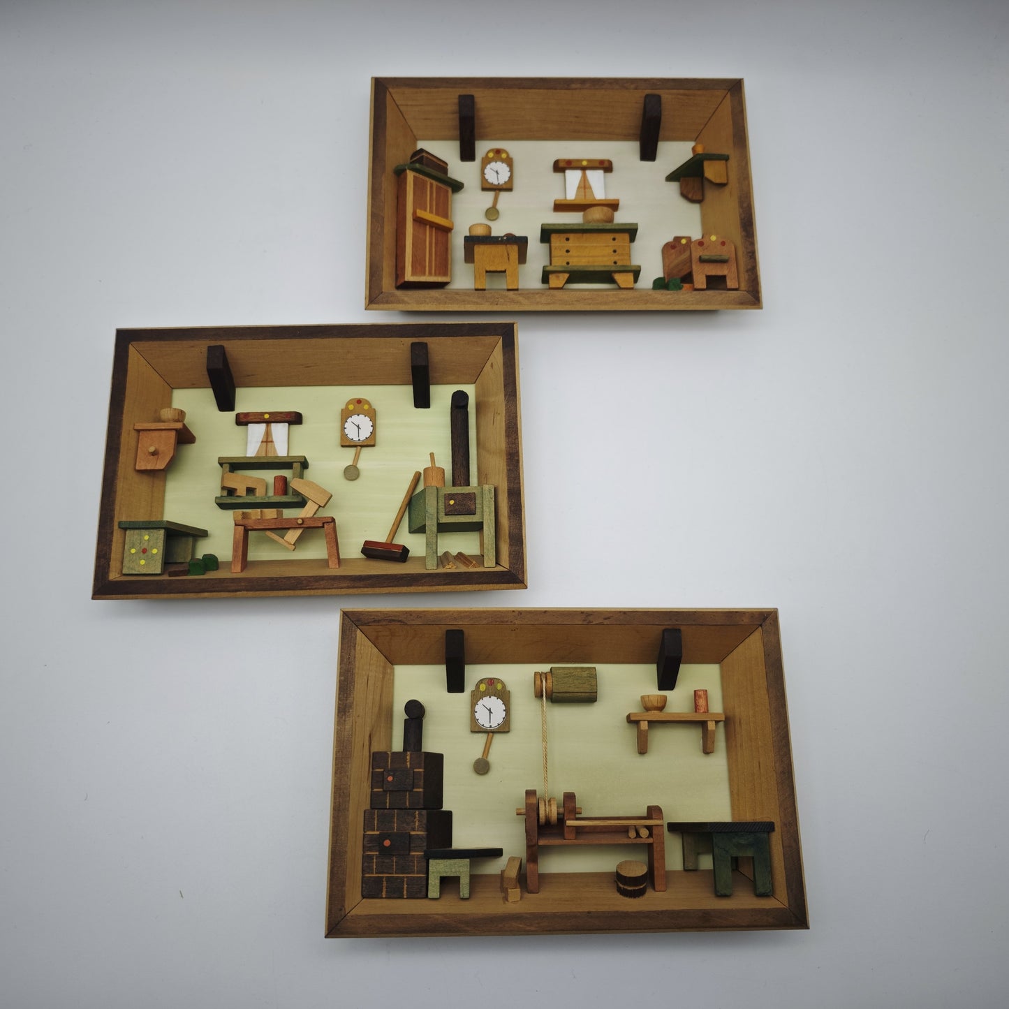 3x Holz Wandbild Diorama Bauernstube Miniatur Alpenstil Handarbeit 19 cm Vintage