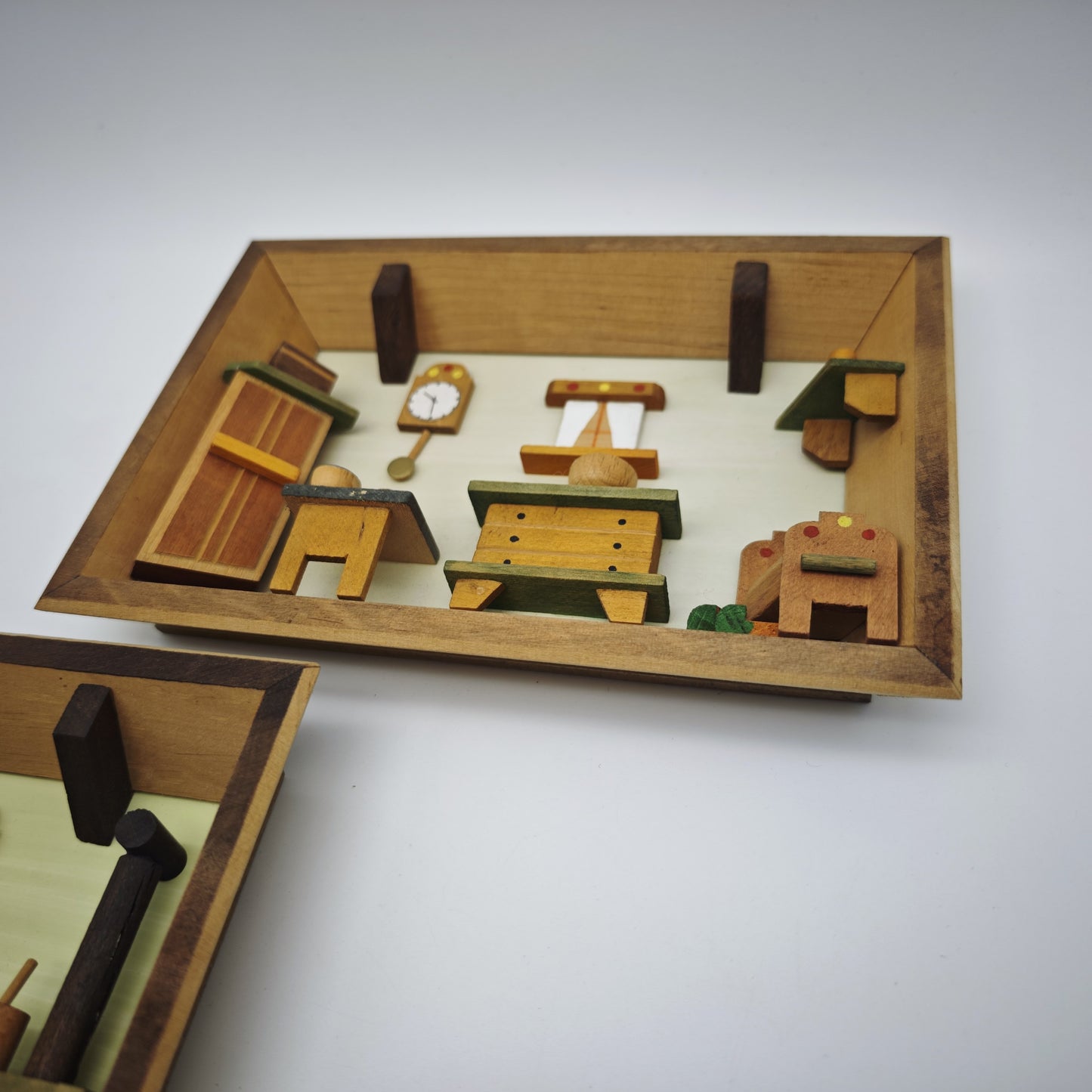 3x Holz Wandbild Diorama Bauernstube Miniatur Alpenstil Handarbeit 19 cm Vintage