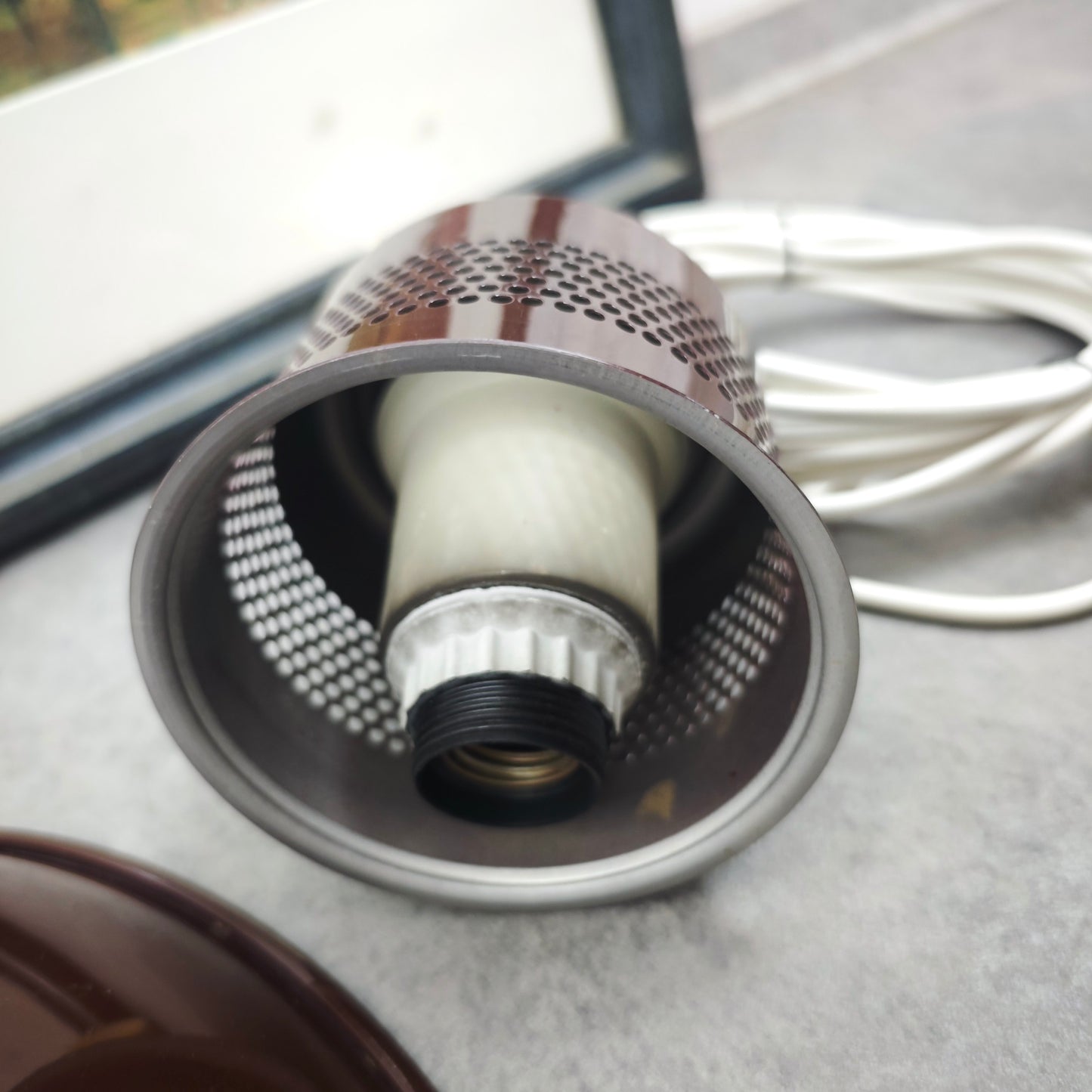 Pendelleuchte braun Metall Vintage Deckenlampe 70er Loftlampe groß Retro