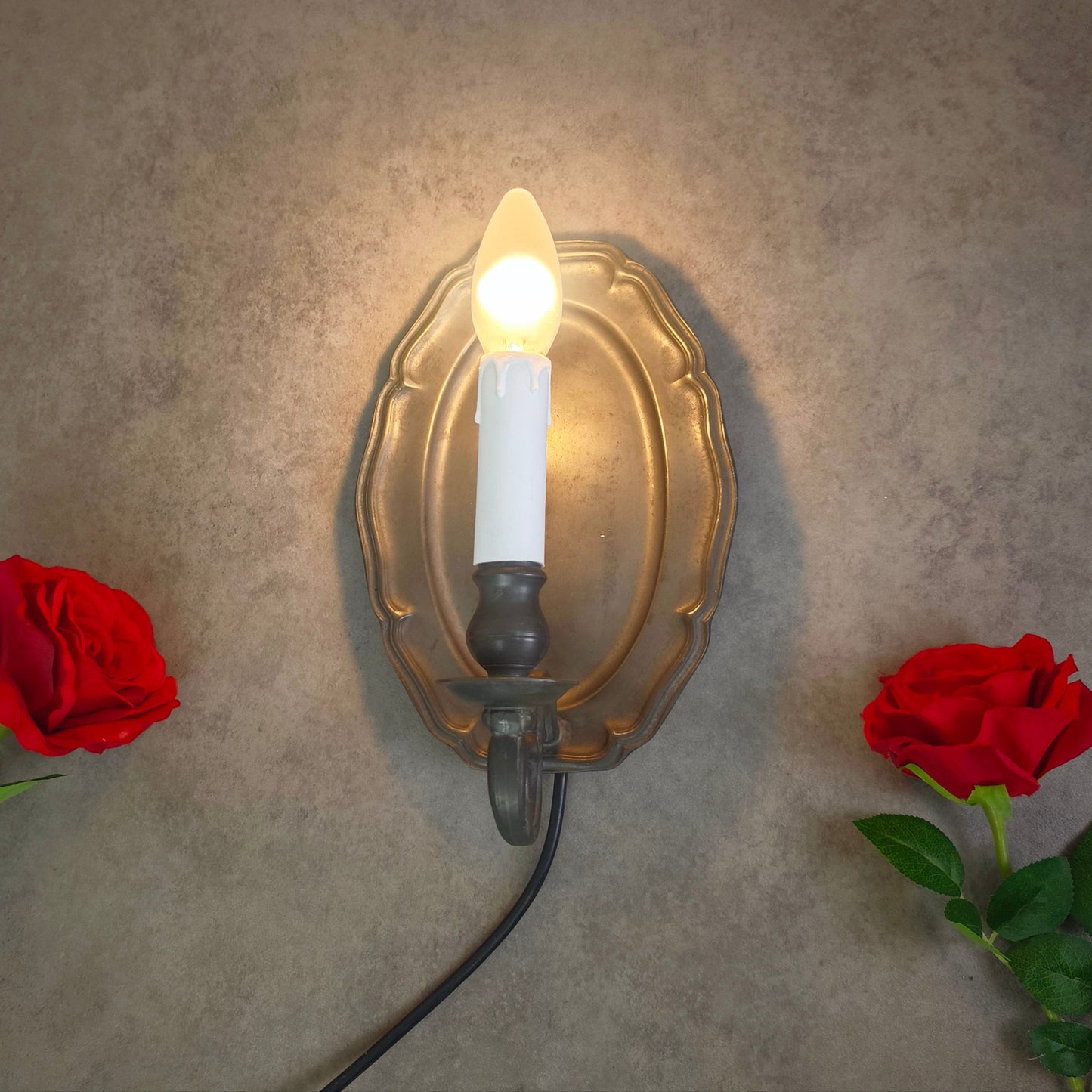 Wandlampe Zinn Wandblaker elektrisch Vintage 70er Barockstil Kerzenform