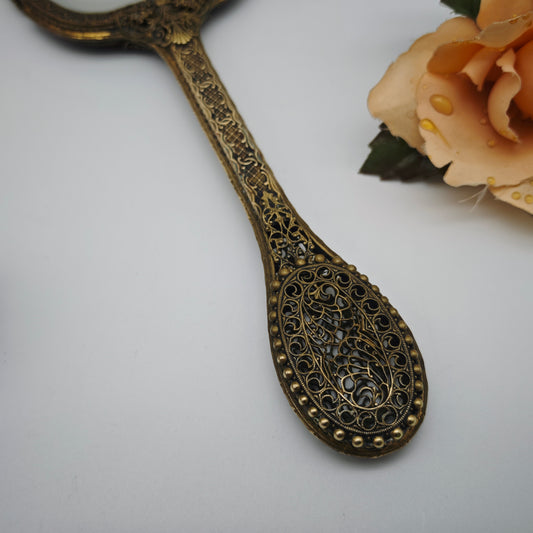 Handspiegel Messing Filigran Facettenschliff Vintage Rosenstickerei 31 cm Vanity