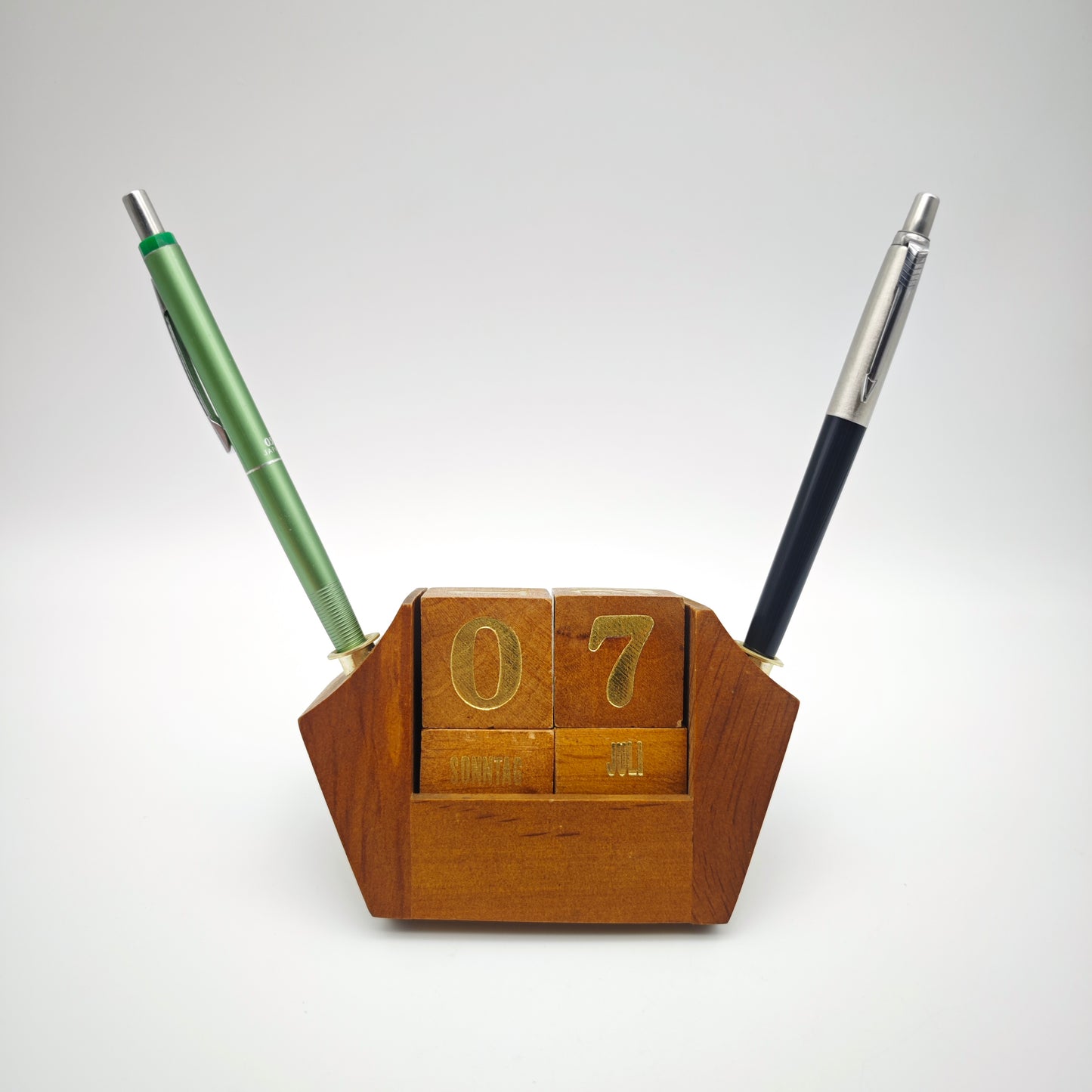 Ewiger Kalender Würfel Holz gold vintage Schreibtisch Dekoration Stiftehalter Mid Century Büro Accessoire Endloskalender deutsch Tischkalender